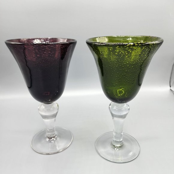 Artland Iris bubble hand blown plum & avocado colored glass goblets set of 2 - Picture 8 of 8